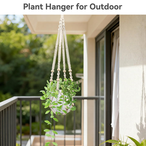 USLAI ivory macrame hanger indoors with lush greenery in a cozy corner