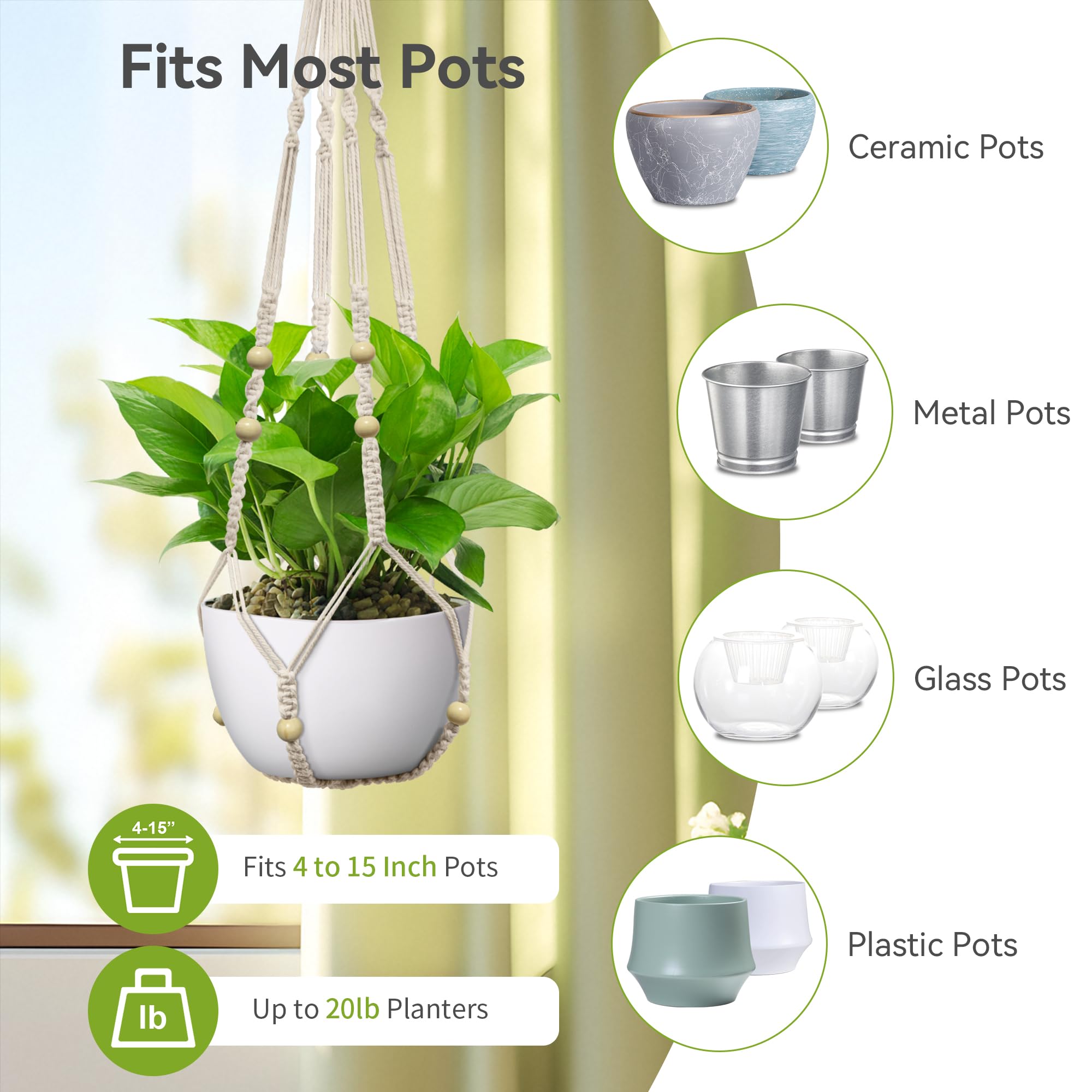 USLAI ivory macrame hanger fits 4–15 inch pots for versatile use