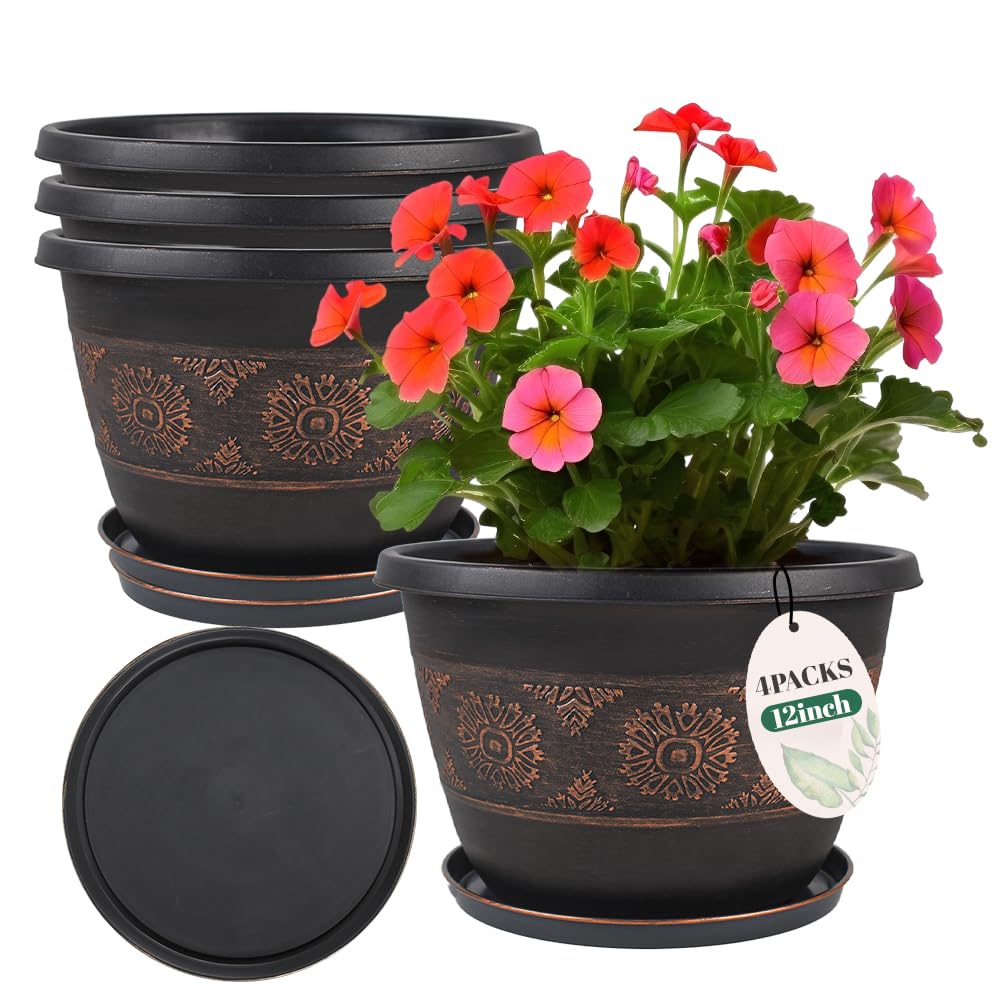 Usocik 4-pack 12inch plant pots with retro pattern, ideal for indoor or outdoor decor.