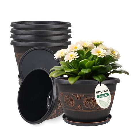 Usocik 6-pack 8-inch plant pots built from durable plastic for indoor and outdoor use.