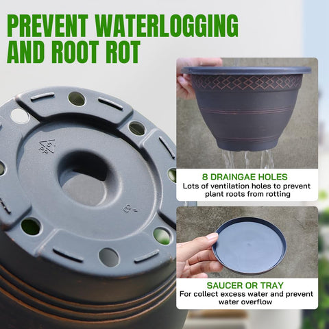 Usocik large 12-inch plastic pot with eight drainage holes promoting airflow.