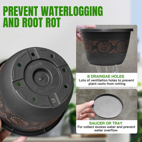 Usocik plant pots with drainage holes and saucer to protect surfaces.