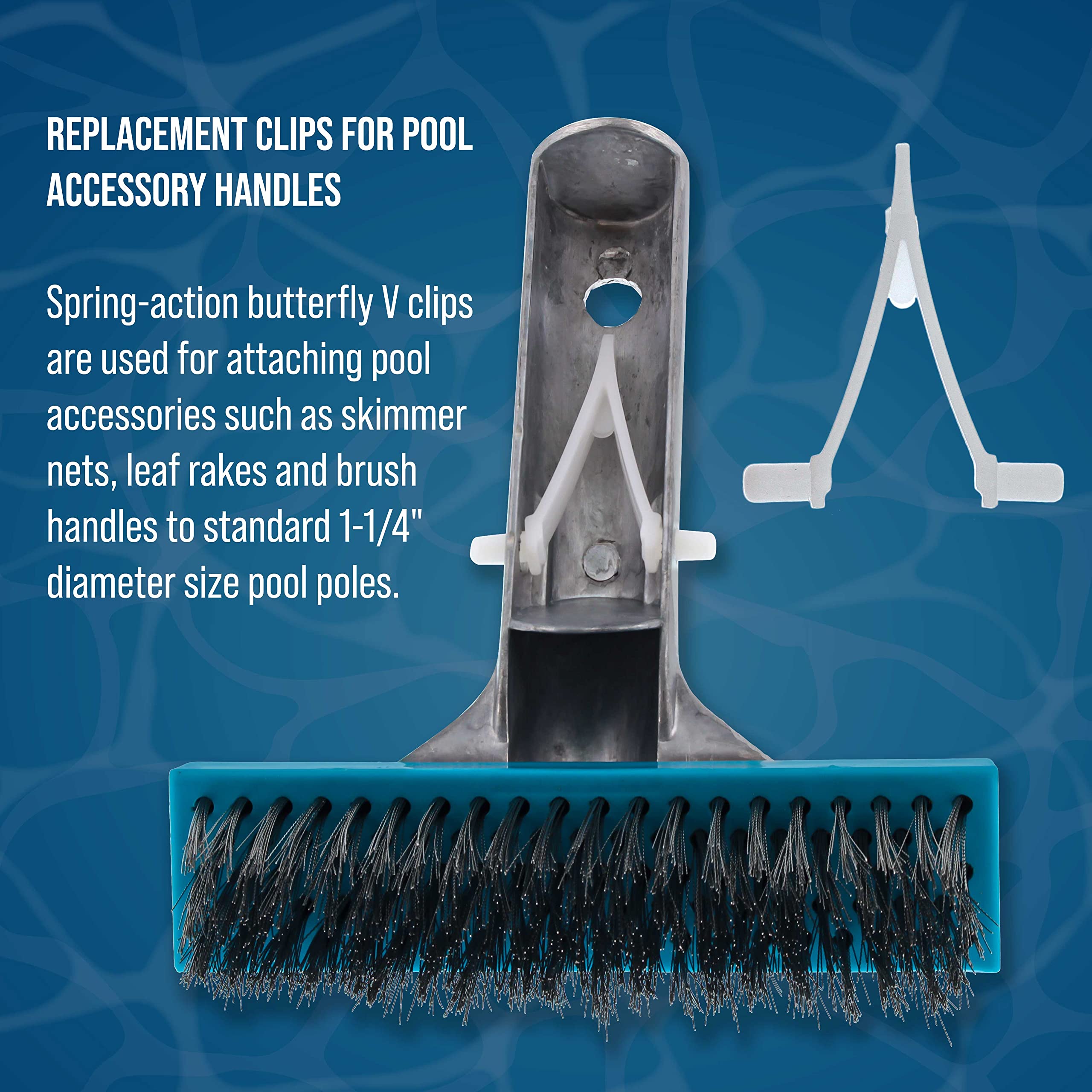 U.S. Pool Supply vacuum head clip locks the head to the pole for easy swaps.