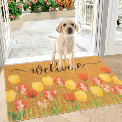 Utaly Floral Welcome Doormat with non-slip backing stays in place in high-traffic entryways.
