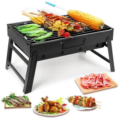 Uten Charcoal Grill with folded legs for easy transport and storage.