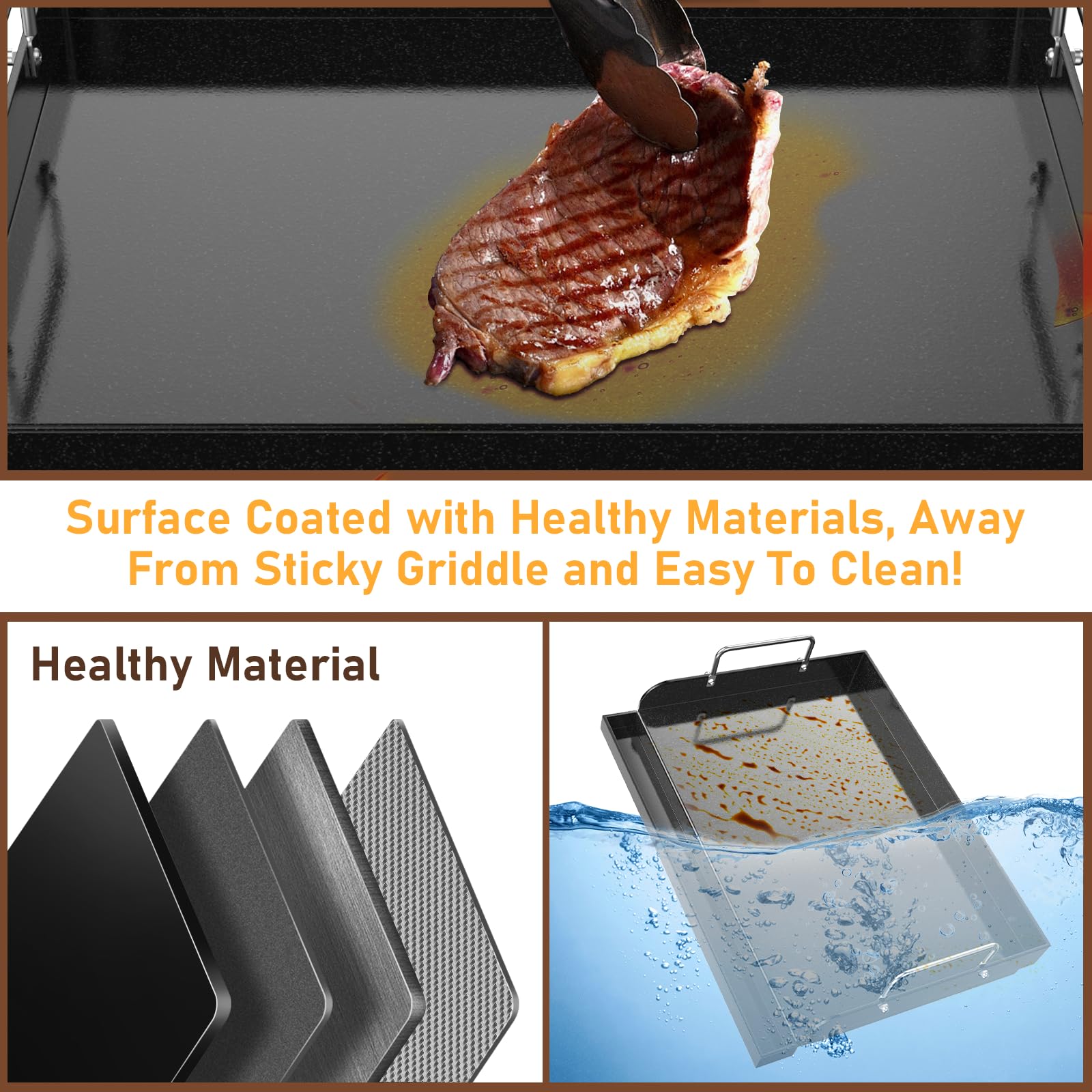 Utheer nano-ceramic griddle in use cooking pancakes and eggs on a gas grill.