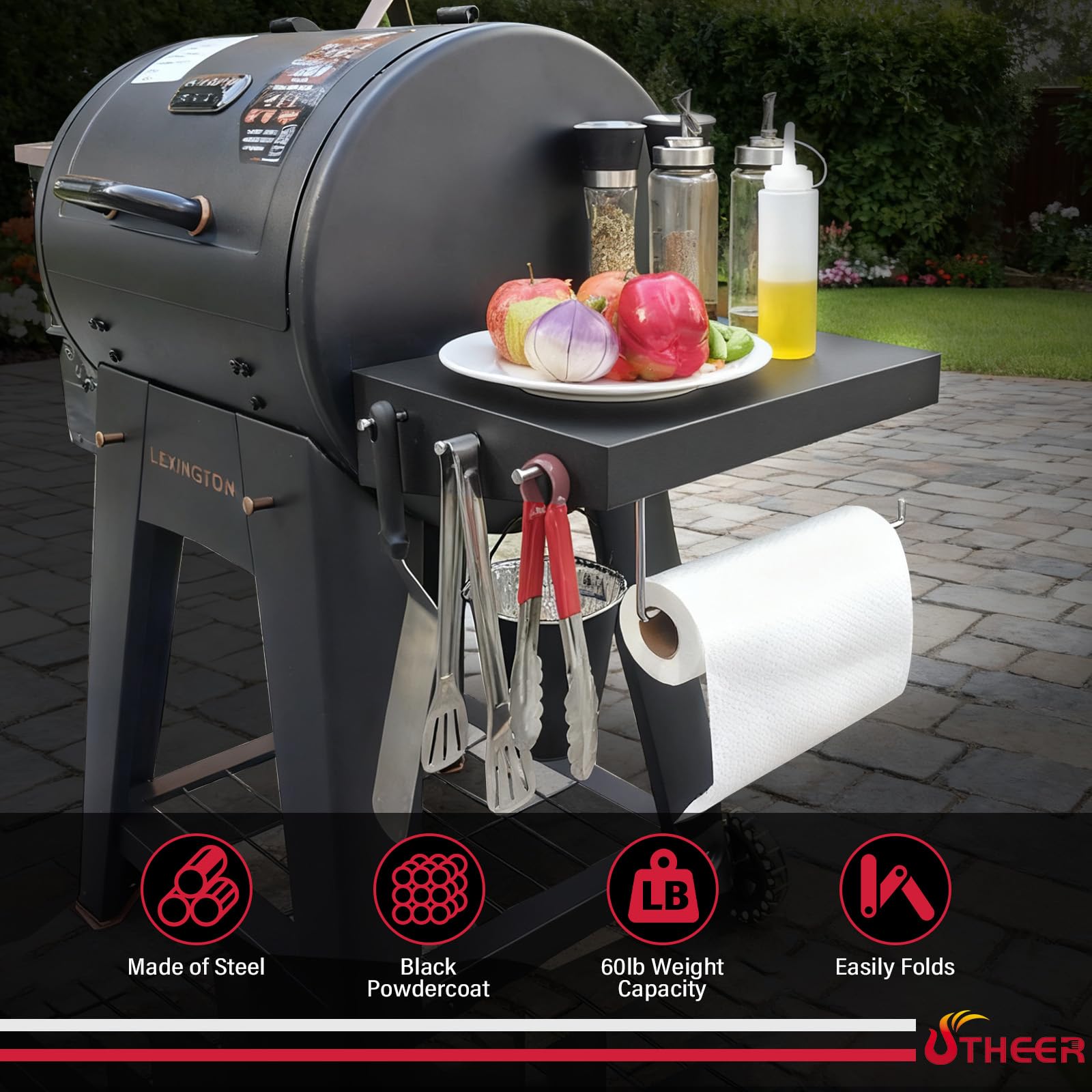 Utheer large prep area supports seasoning and resting meat during grill sessions