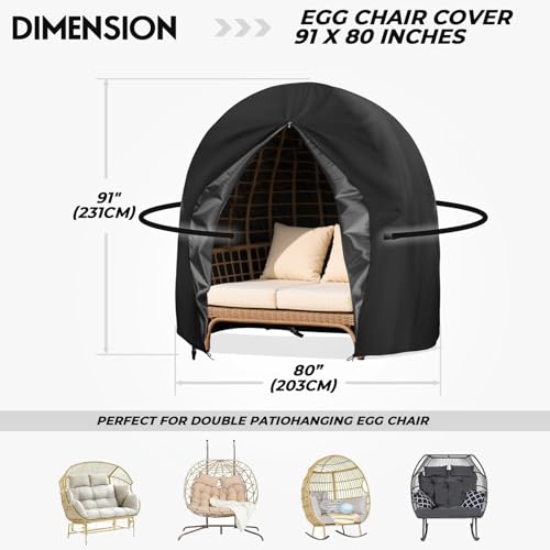 UTHEM double egg chair cover back view highlighting durable 420D fabric and coverage.