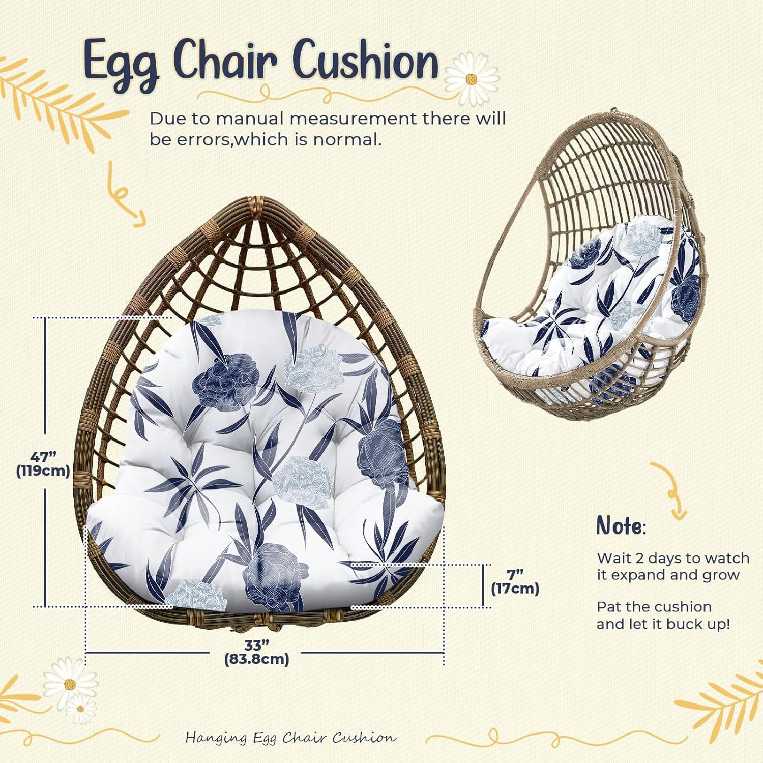Uthem Blue Enchantress cushion side view showing roomy fit for egg chairs