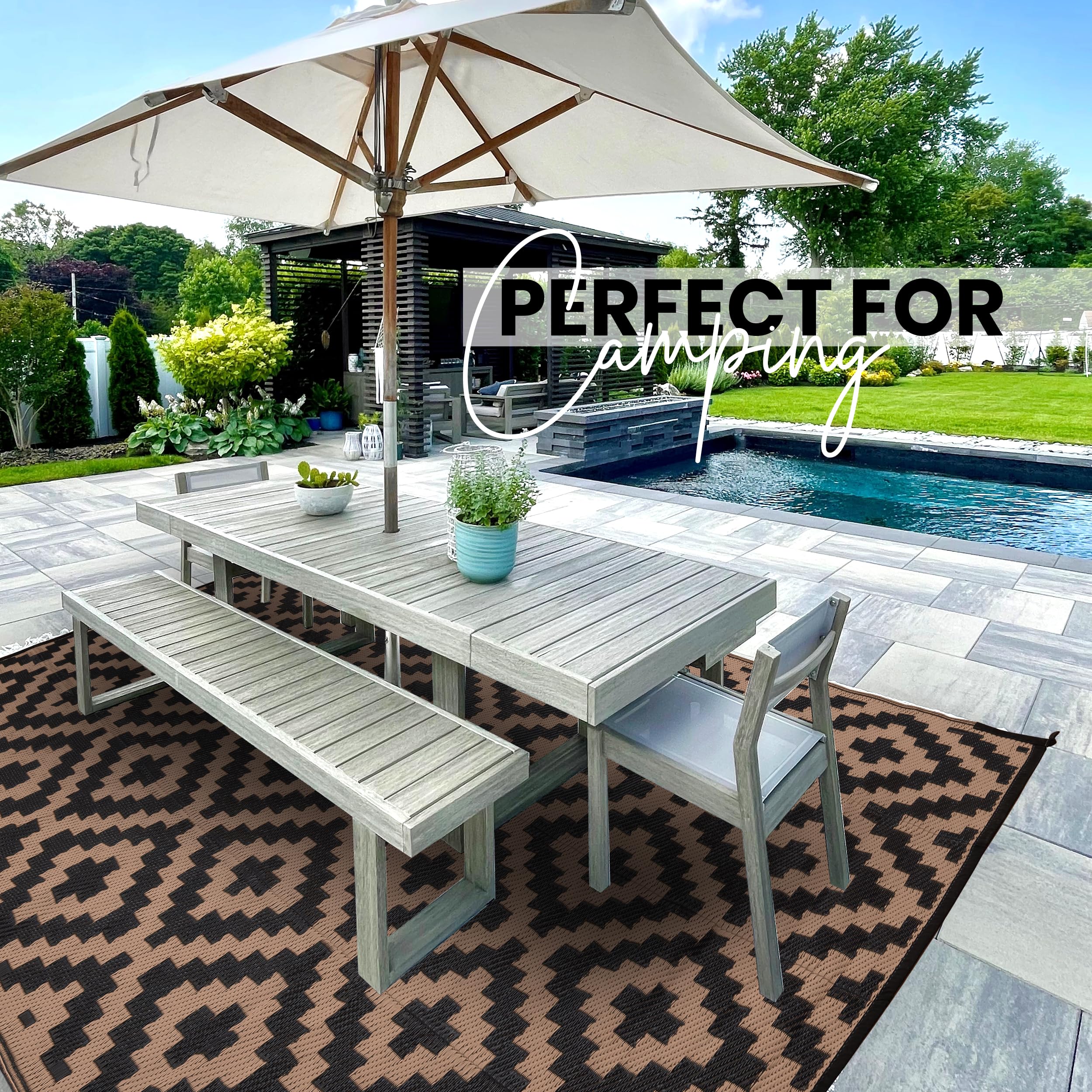 Utopia Home foldable rug fits bags, perfect for beach trips and RV adventures.