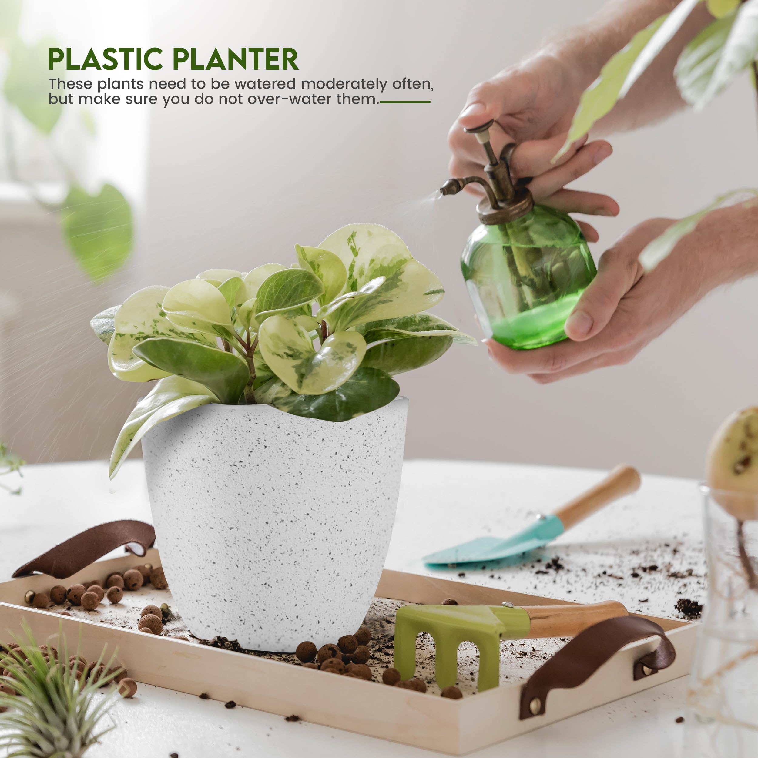 Utopia Home speckled grey plant pot with drainage holes and saucer for healthy roots.