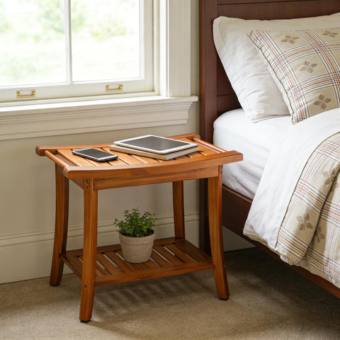 Utoplike Teak Bath Bench's reddish-brown hue with smooth finish.