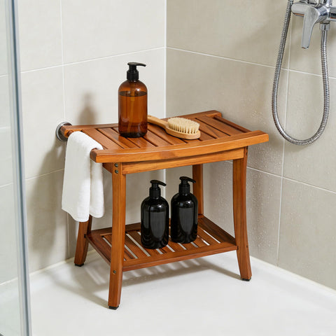 Utoplike Teak Shower Bench with Rounded Edges to prevent scratches.
