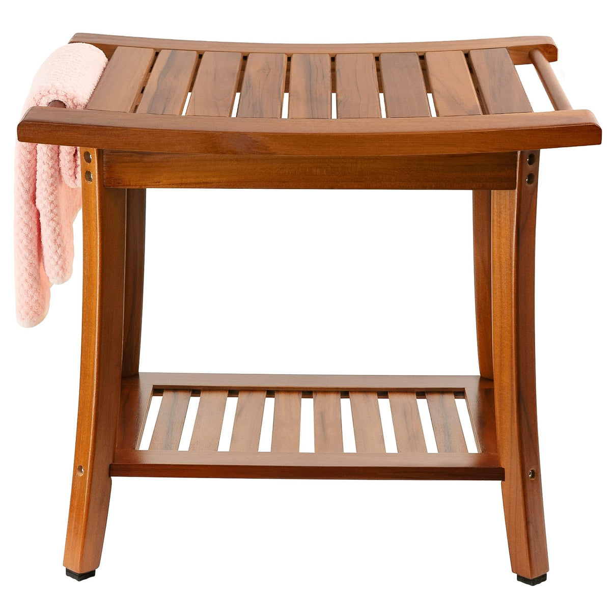 Utoplike Teak Shower Bench with Handles for towel storage and easy grip in bathrooms.