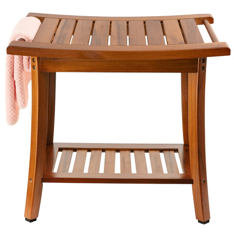 Utoplike Teak Shower Bench with Handles for towel storage and easy grip in bathrooms.