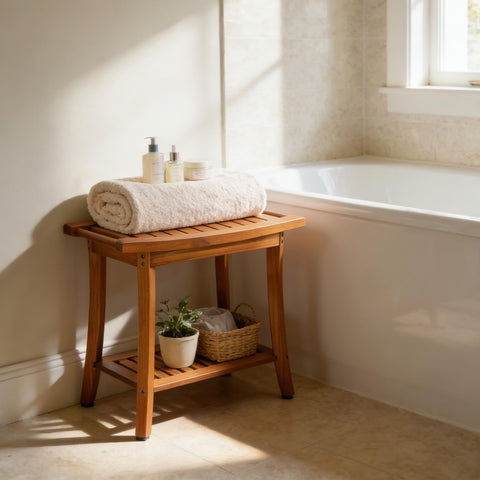Utoplike Teak Bench as Plant Stand or Laundry Storage.