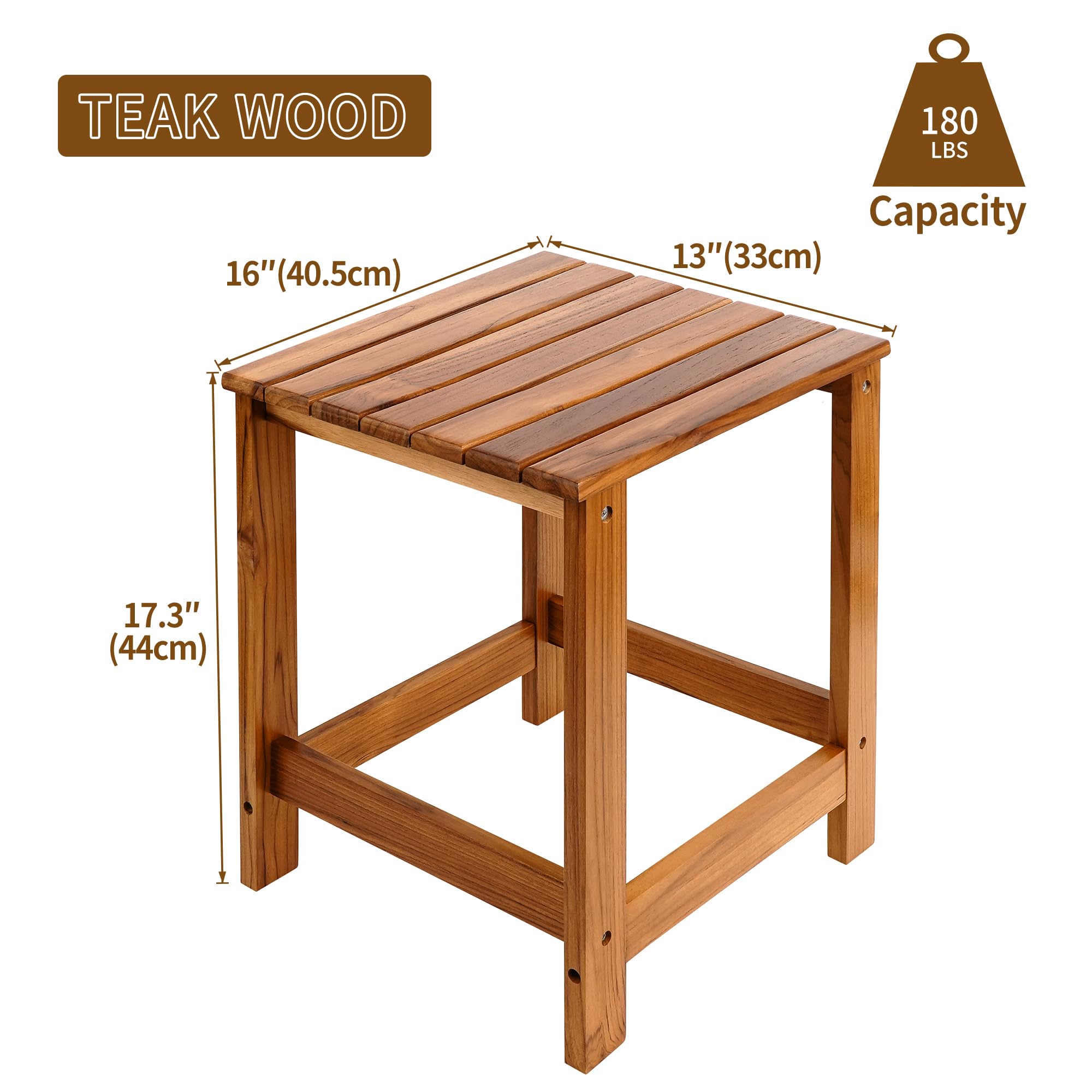 Utoplike teak end table beside coffee and fruit on patio