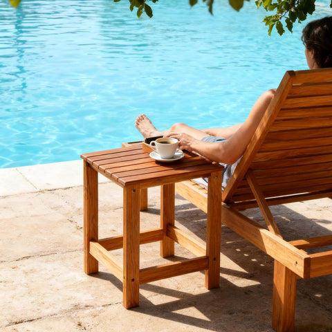 Utoplike teak table doubles as plant stand or bathroom accent