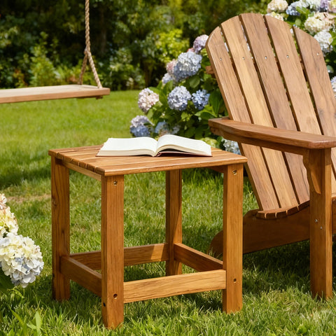 Utoplike teak table with strengthened legs lends outdoor reliability