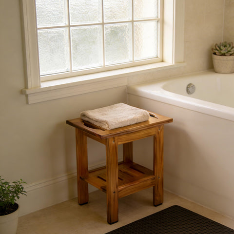 Utoplike teak shower stool side shelf keeps items within reach