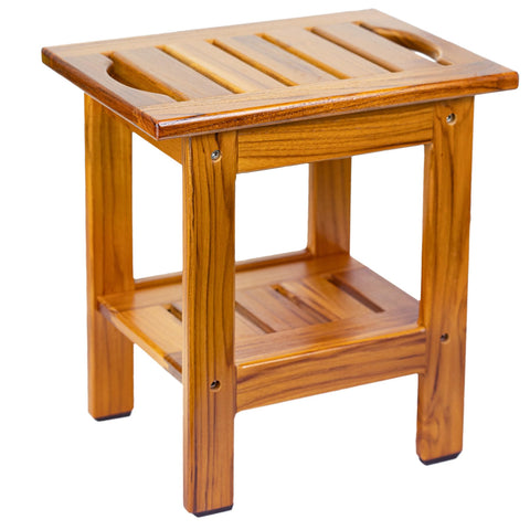 Utoplike teak shower stool with two-tier shelf for organized essentials
