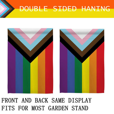 UTSANG Progress Pride flag back view, identical print on both sides.