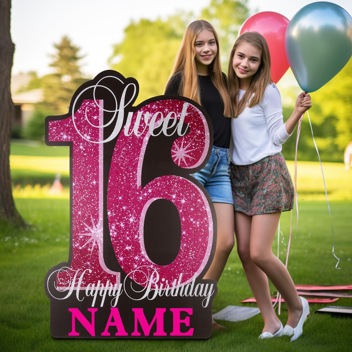 Utsth Sweet 16 yard sign full assembly highlights bold pink centerpiece for outdoor parties