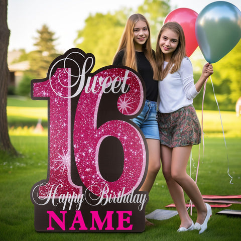 Utsth Sweet 16 yard sign full assembly highlights bold pink centerpiece for outdoor parties