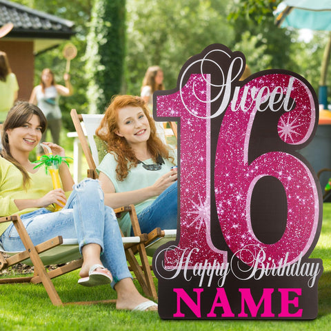 Utsth Sweet 16 yard sign glitter finish adds festive sparkle to a birthday display