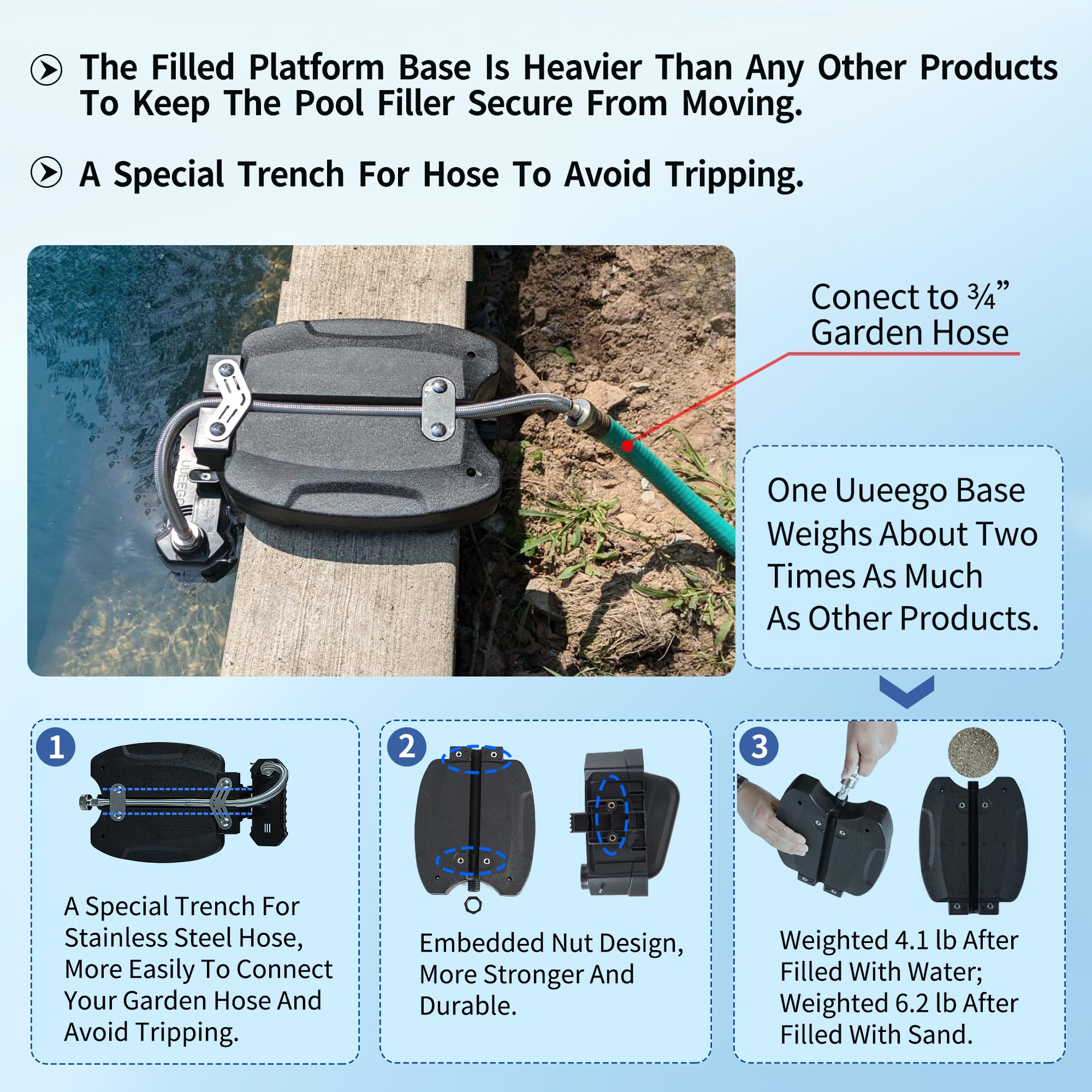 uueeGo pool leveler hose connection shows quick, secure garden hose attachment