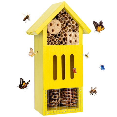 UUMENHA bee house front view in pine wood for pollinator attraction.