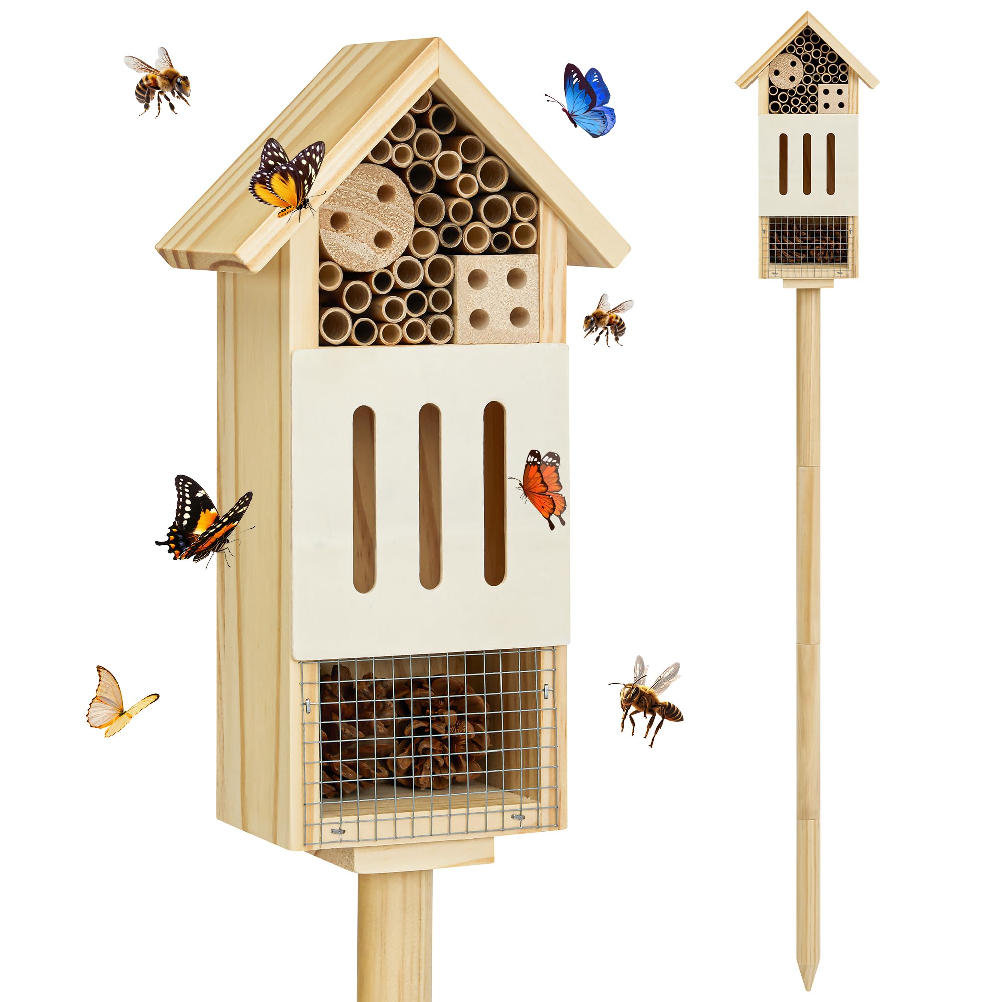 UUMENHA bee-house-bug-hotel-stake in a garden setting, durable pollinator habitat