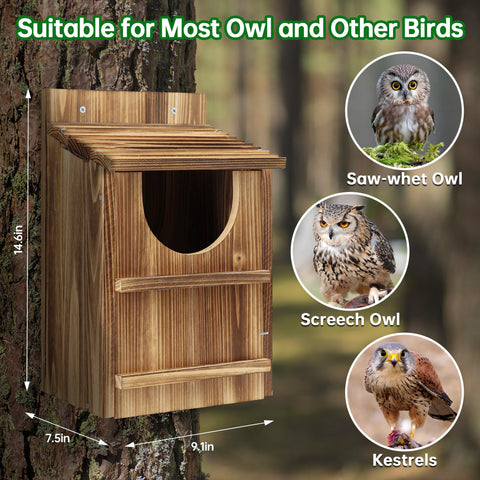 UUMENHA durable cedar owl house entrance hole for owl access and predator protection.