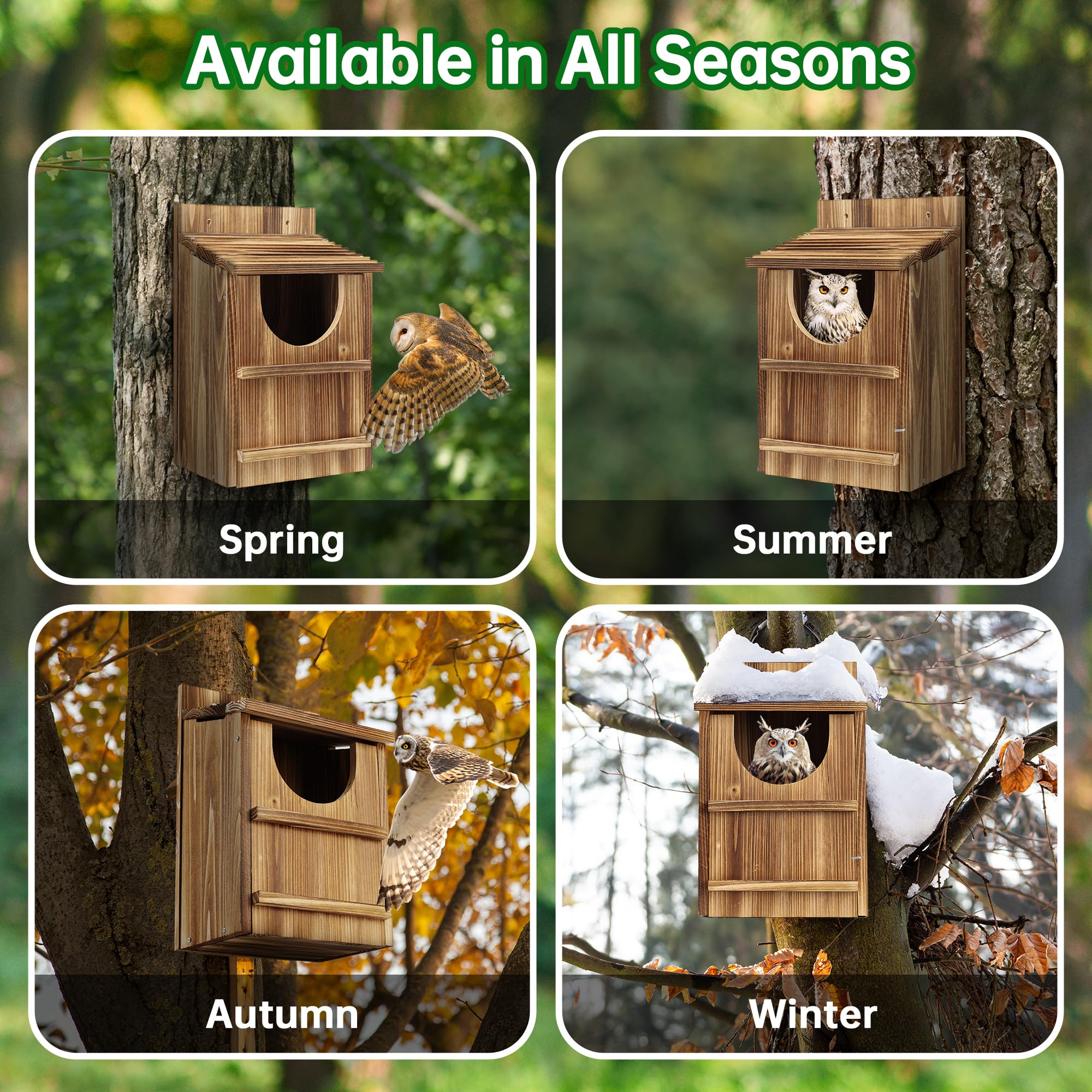 UUMENHA cedar owl house outdoor installation in garden setting.