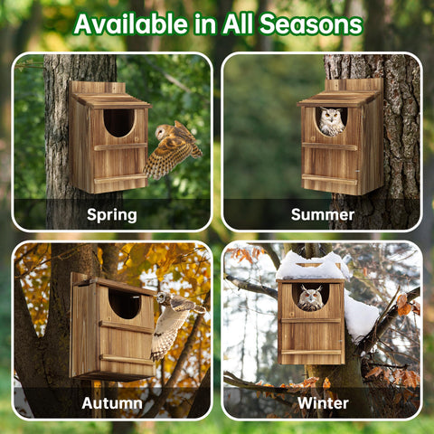 UUMENHA cedar owl house outdoor installation in garden setting.