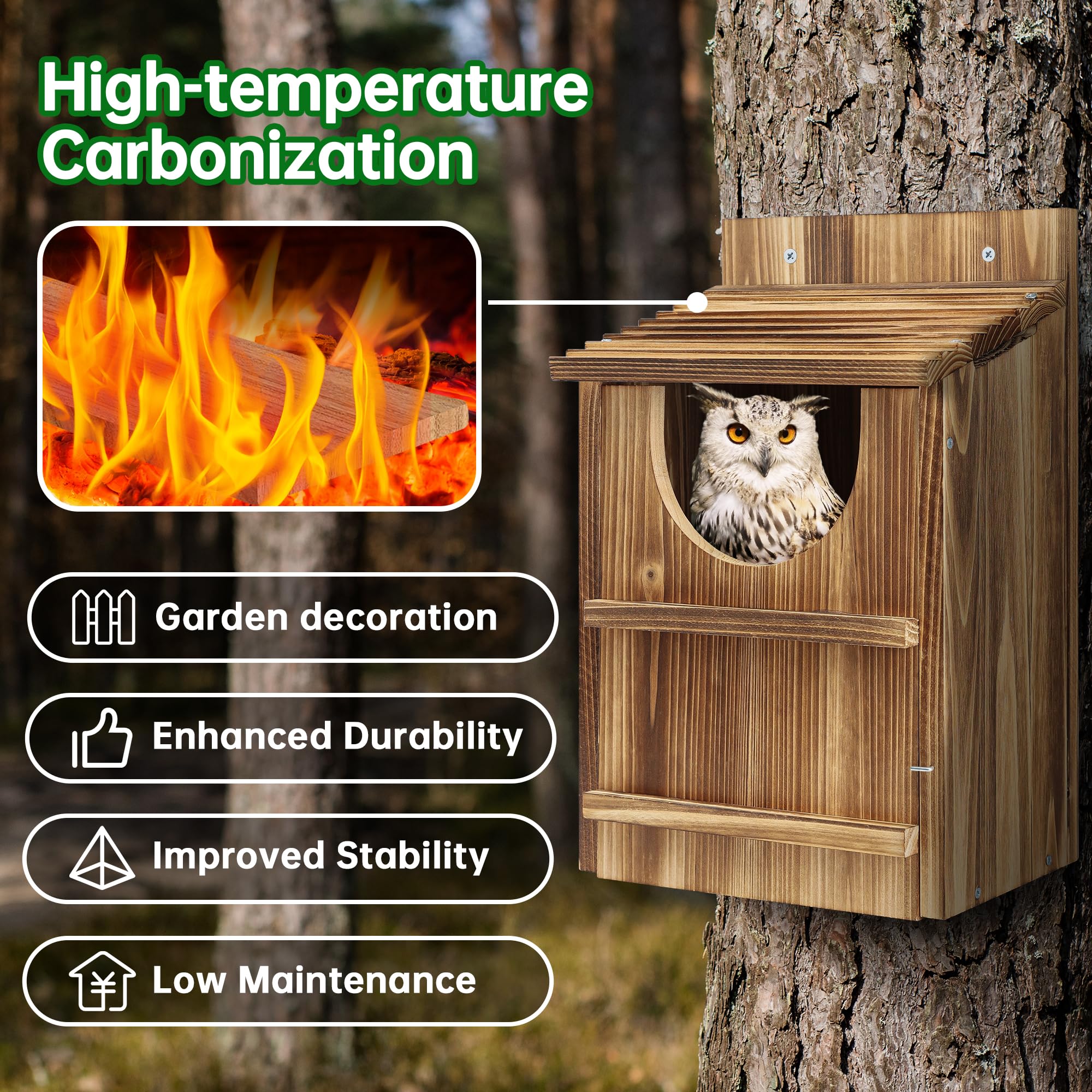 UUMENHA cedar owl house weather resistance shown for outdoor placement.