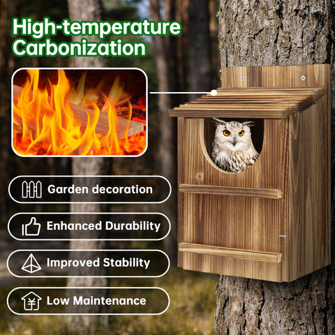 UUMENHA cedar owl house weather resistance shown for outdoor placement.