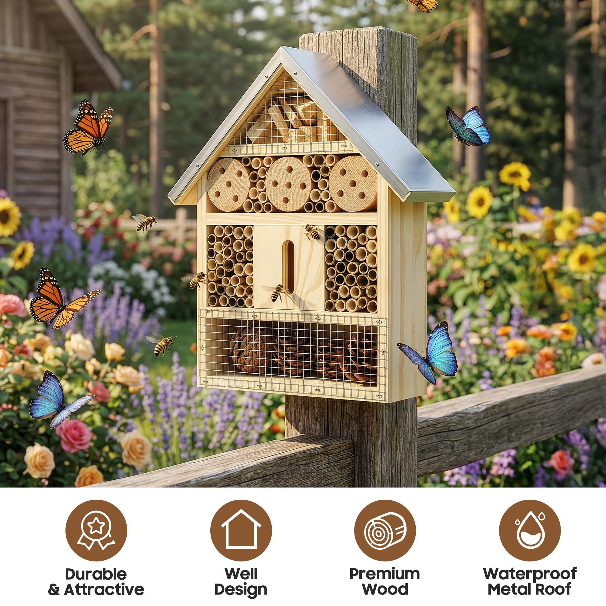 UUMENHA waterproof roof protects the wooden insect hotel outdoors