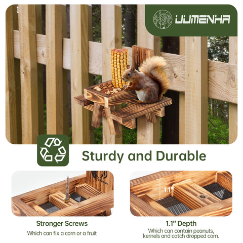 UUMENHA Squirrel Feeder carbonized wood texture adds natural outdoor charm.