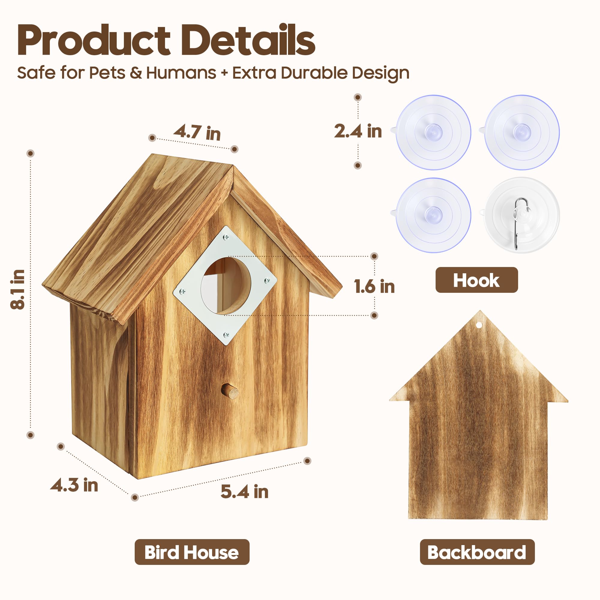 UUMENHA window birdhouse shows three strong suction cups for secure mounting