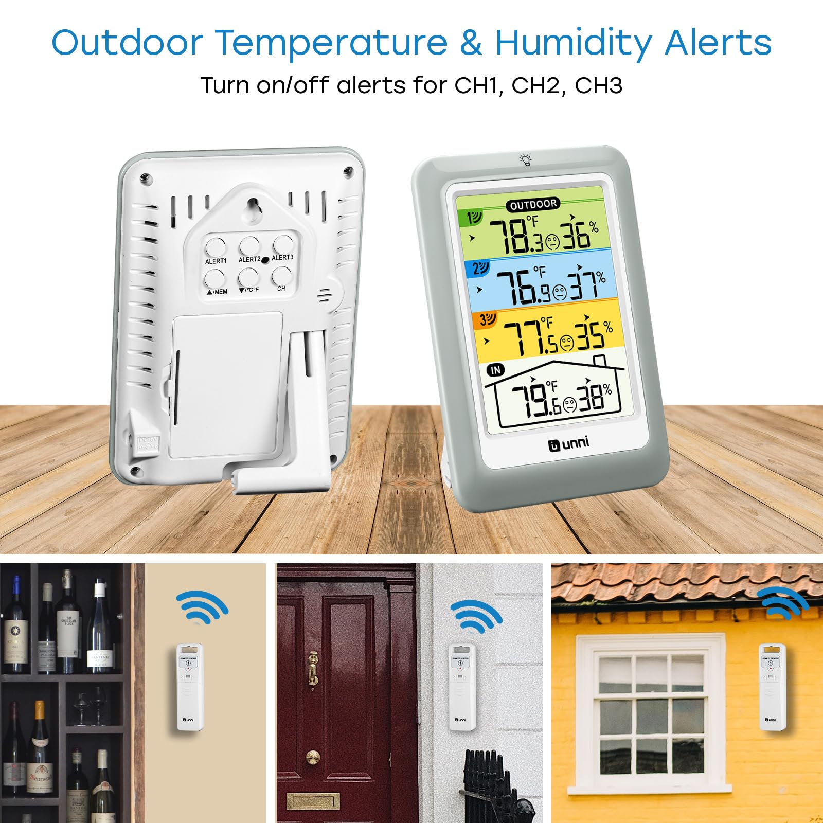 U UNNI shows daily maximum and minimum readings for quick climate checks.