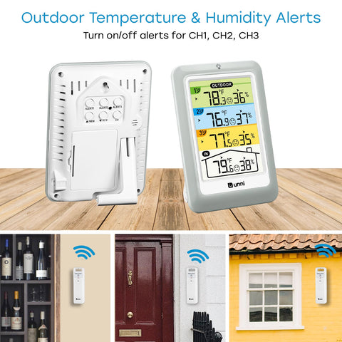U UNNI shows daily maximum and minimum readings for quick climate checks.