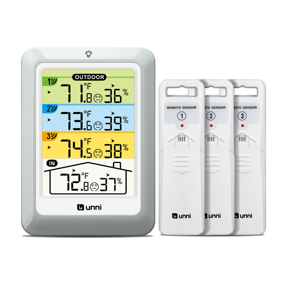 U UNNI indoor-outdoor thermometer with three sensors displaying indoor and outdoor data clearly.