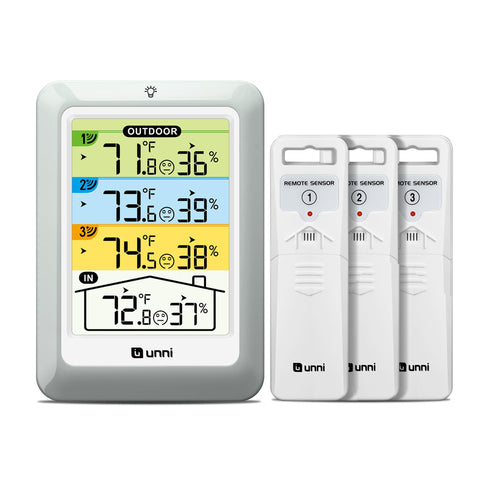 U UNNI indoor-outdoor thermometer with three sensors displaying indoor and outdoor data clearly.
