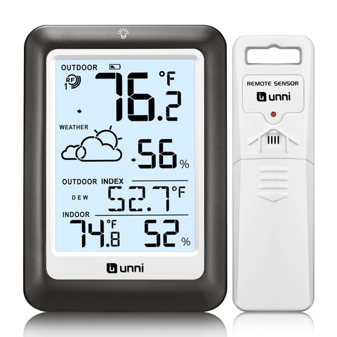 U UNNI indoor-outdoor thermometer with wireless display for real-time climate monitoring.