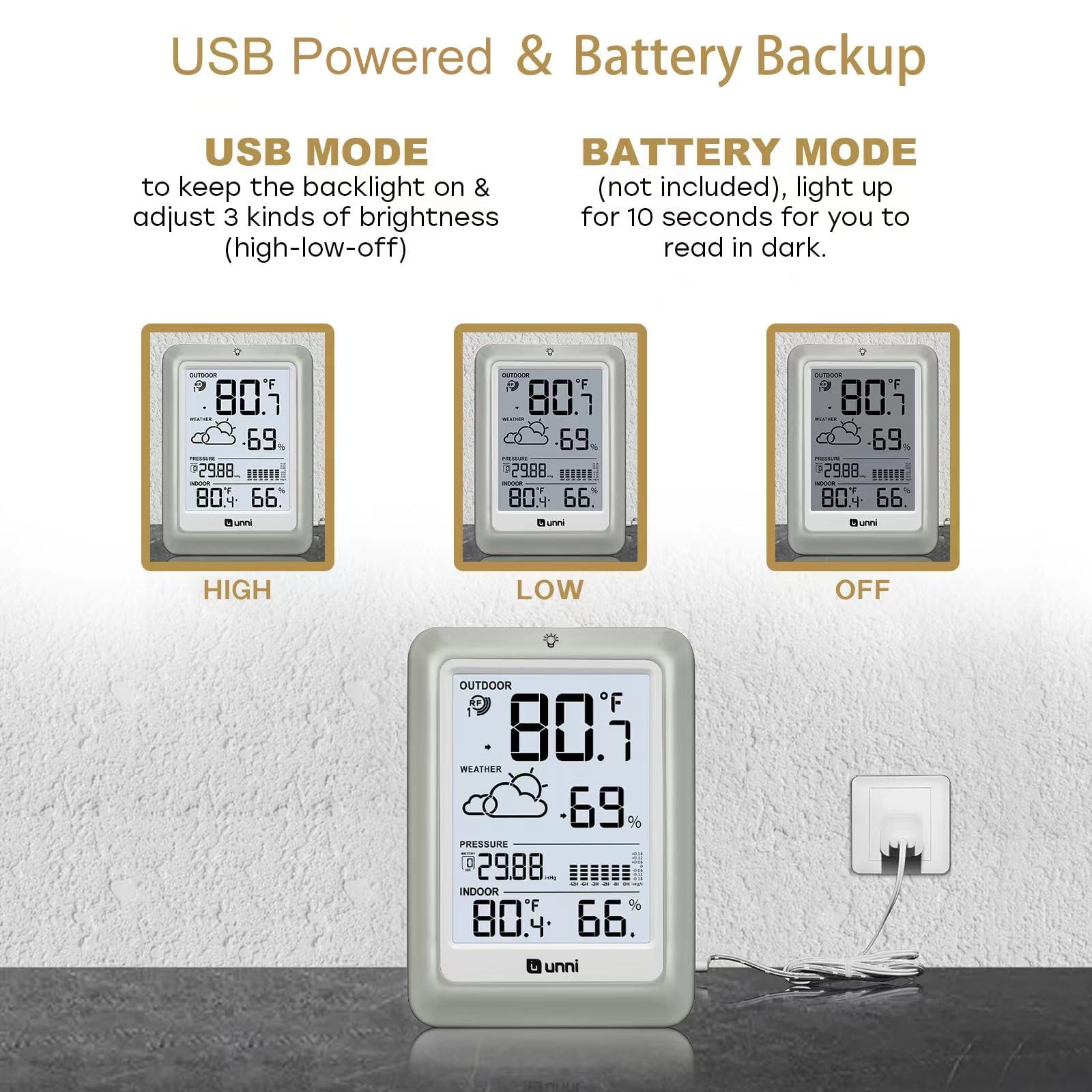 Backlit display showing clear temperature and humidity readouts for any time of day.