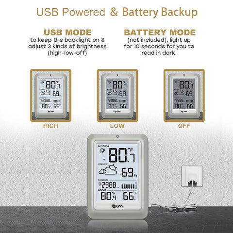 Backlit display showing clear temperature and humidity readouts for any time of day.