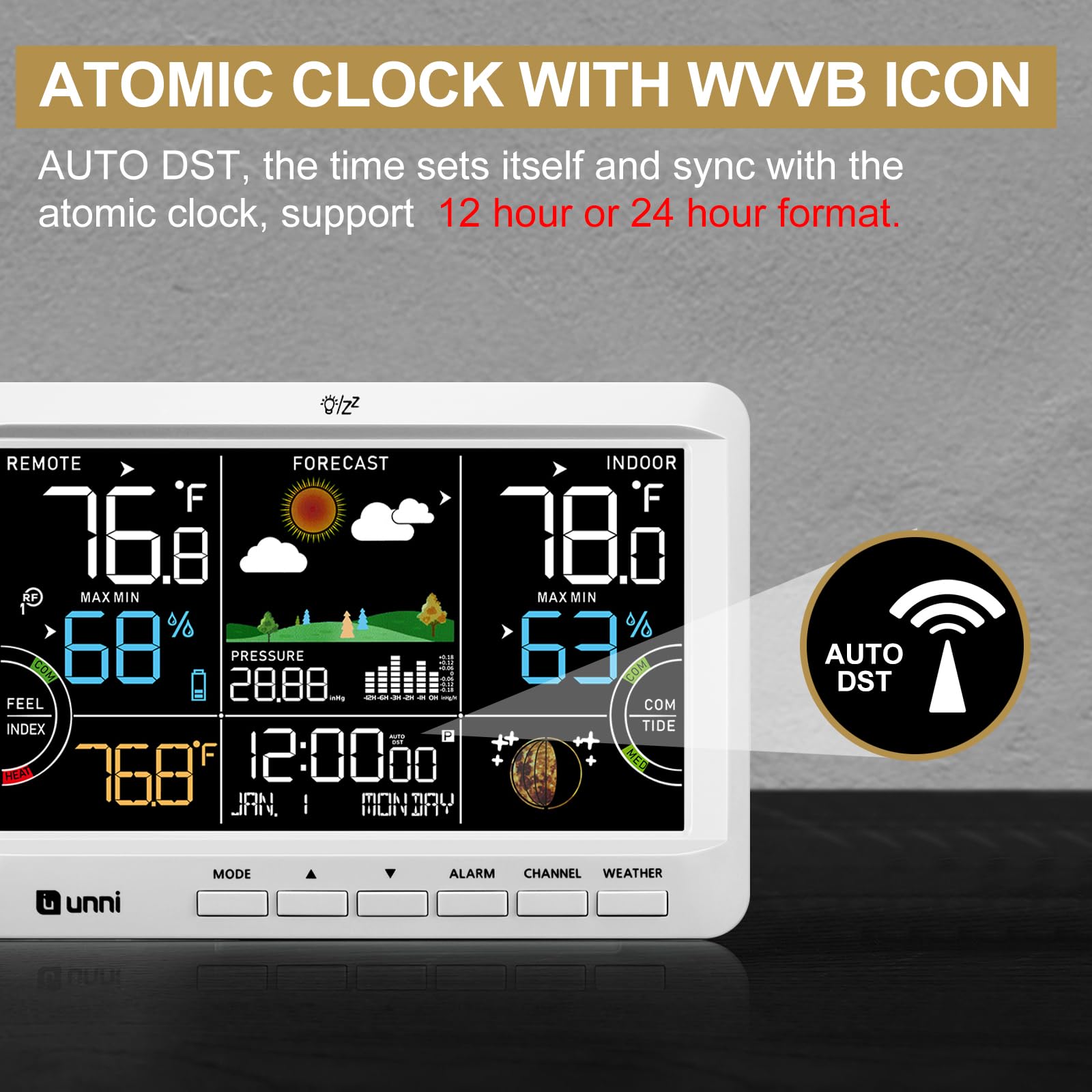 U UNNI Weather Station atomic clock setup keeps accurate time automatically.