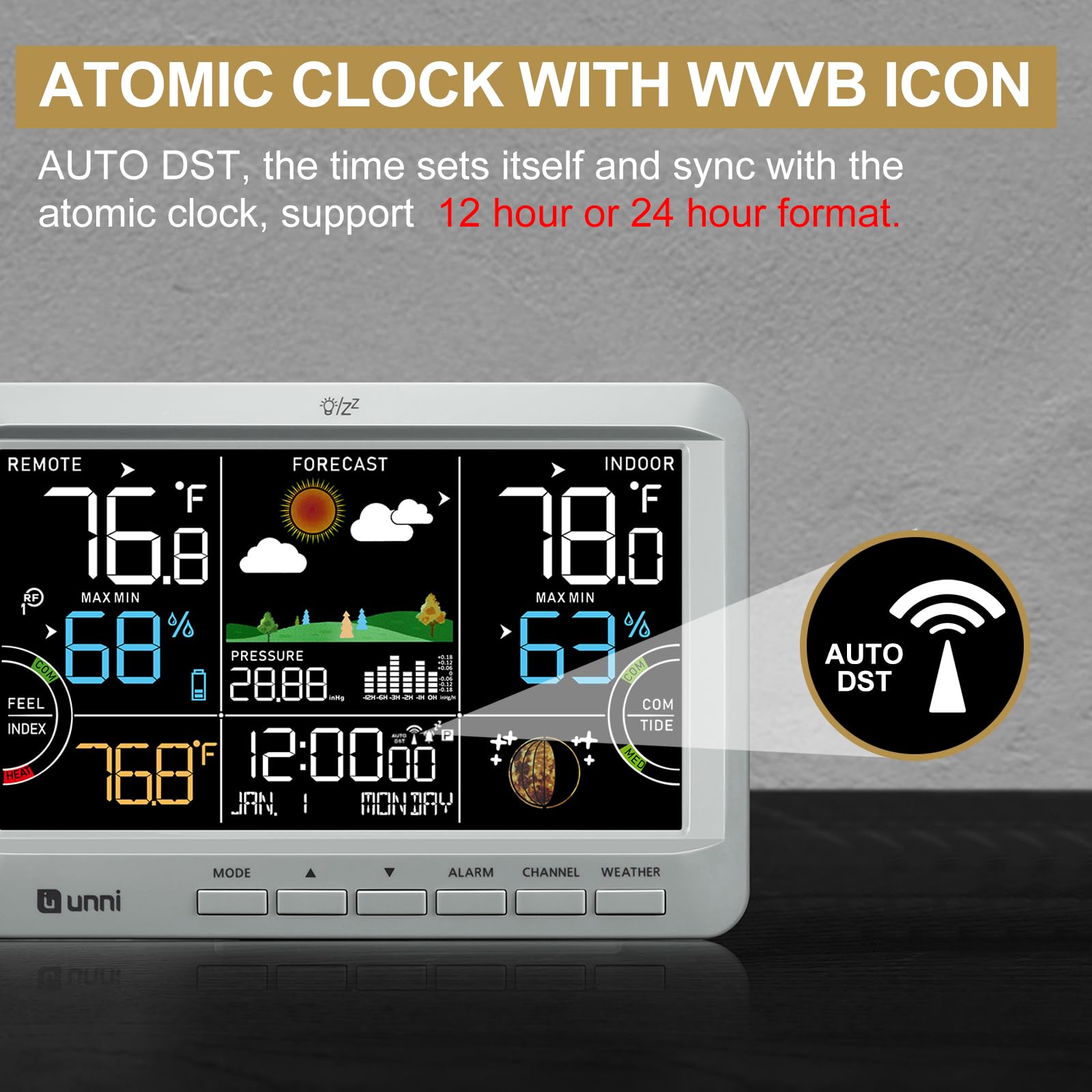 U UNNI Weather Station atomic clock keeps accurate time via WWVB