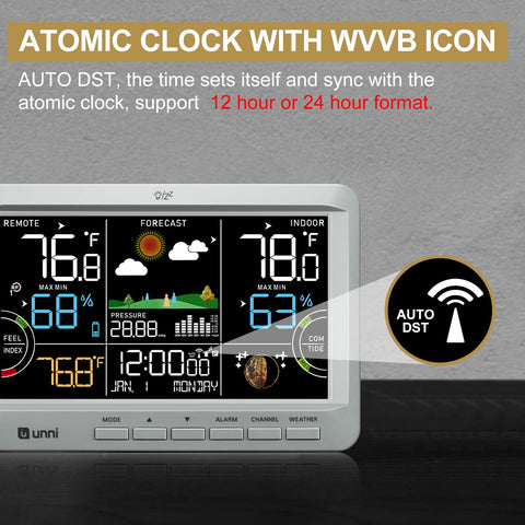U UNNI Weather Station atomic clock keeps accurate time via WWVB